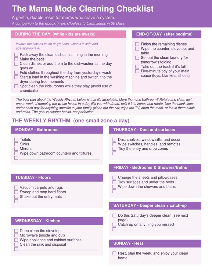 The Mama Mode Cleaning Checklist, a two-page printable