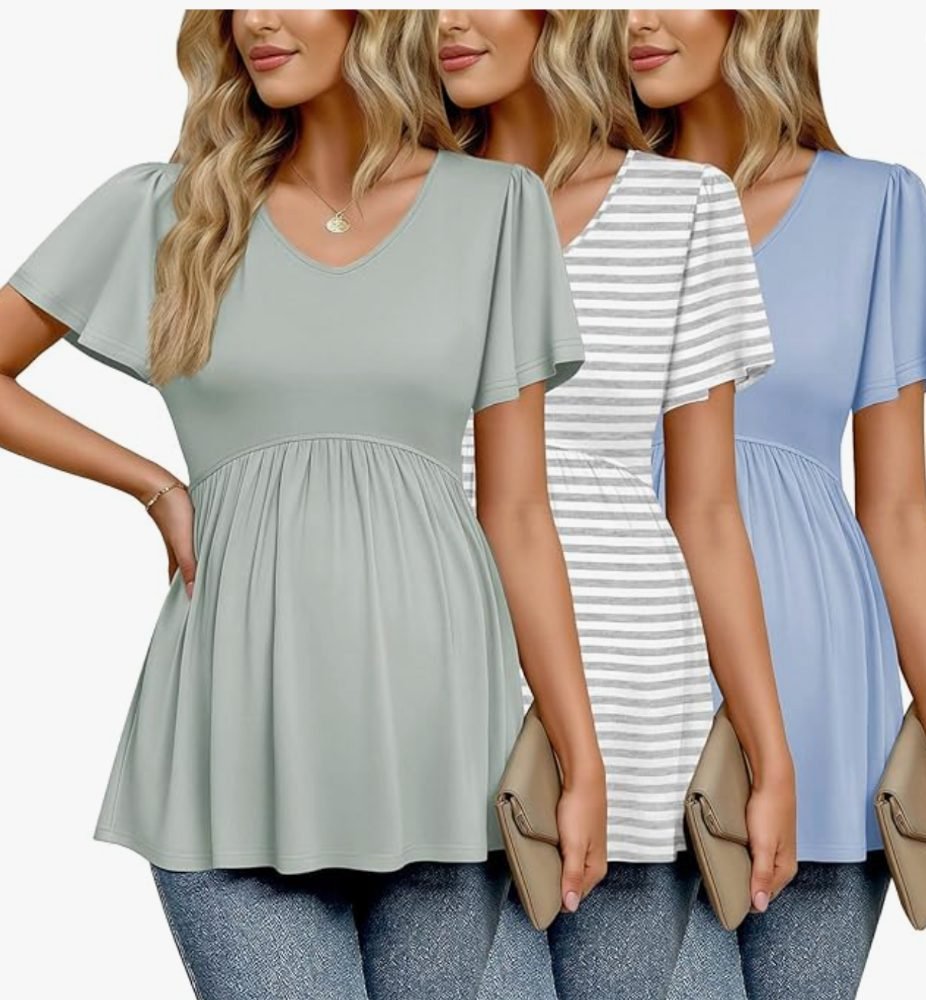 Short-sleeve maternity tees with sleeve accent, 3-pack